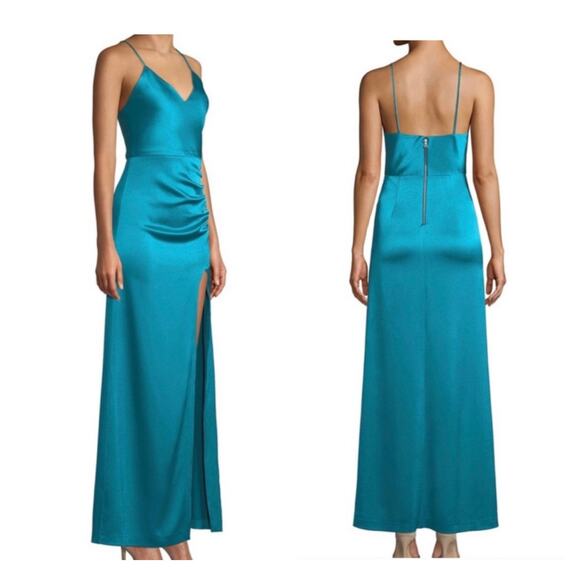 Alice + Olivia Fallon Ruched Sleeveless Gown Womens‎ 8 Teal High Slit Event Prom - Picture 1 of 15